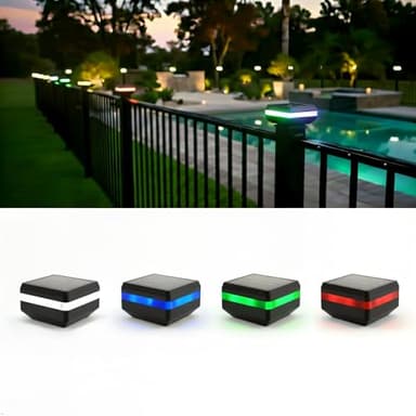 Lunilly 4 Pack Solar Post Cap Lights for 2x2 inch Aluminum, Wrought Iron, and Garden/Pool Fences, Warm White, Cool White, and Selectable RGB Colors with Built-in Color-Changing Holiday/Party Mode!