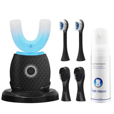 Smart U-Shaped Ultrasonic Toothbrush for Adults: 360° Full Mouth Cleaning with Auto Rotation, Smart Pressure Sensor & LED Light, Includes Foam Mousse, 4 Brush Heads and Charging Base (black)