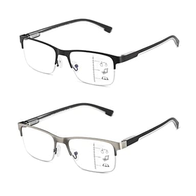 Multifocus Reading Glasses Men Progressive Multifocal Blue Light Computer Reader Half Frame Metal Extra Wide Eyeglasses No Line Bifocals Large Designer Cheaters Transition Square Eyewear 2packs 2.00
