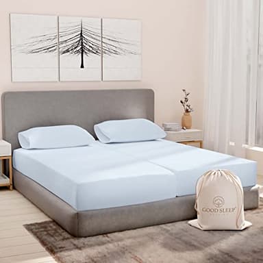 Good Sleep Bedding Split King Sheets Sets for Adjustable Bed Cotton, Luxury Sheets, Egyptian Cotton, 5 Piece 100% Cotton Split King Sheet Set, Sateen Weave, 2 Fitted - 16" Deep Pocket, Light Blue