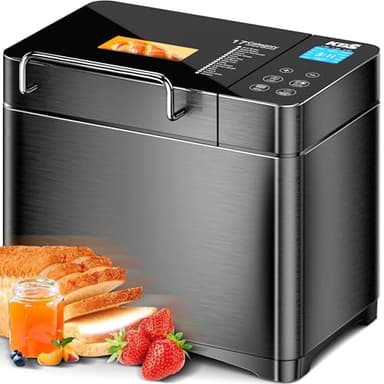 KBS Premium 2LB Convection Bread Maker Dual Heaters, 710W Stainless Steel 17-in-1 Bread Machine Healthy Ceramic Pan, Nut Dispenser,Touch Panel, 3 Loaf Sizes 3 Crust Colors, 15H Timer,Low Noise,Recipes