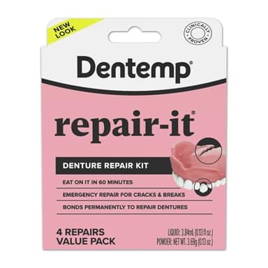 Dentemp Repair Kit - Repair-It Advanced Formula Denture Repair Kit - Repairs Broken Dentures, Mends Cracks and Replace Loose Teeth - 1 Pack (4 Count) - (Packaging May Vary)