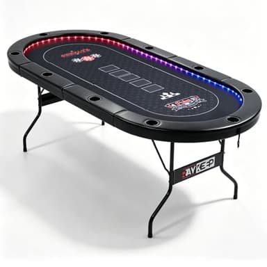 RAYKEEP LED Poker Table for 10 Players, 84" Folding Texas Holdem Blackjack Casino Table w/Inlaid 3-Color LED Light, Padded Rails & Cup Holders, Portable Card Game Table for Home Game Room & Parties