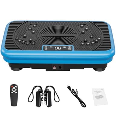 Vibration Exercise Plate for Women - 99 Speed Compact Platform with Remote & Resistance Bands for Lymphatic Drainage, Leg Slimming & Home Fat Burn - Blue