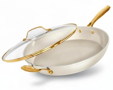 GOTHAM STEEL 14 Inch Frying Pan with Lid, Ceramic Nonstick Skillet, Non Toxic PFOA PFOS Free, Extra Large for Family, Dishwasher & Oven Safe 500°F, Cream
