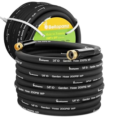 Beitopamz 150 ft Garden Hose, 5/8 in Heavy Duty Water Hose, Flexible and Durable, Lightweight Rubber Hybrid Hose, Leak-Free Connections, Male to Female 3/4'' Brass Fittings for Patio, Lawn, Black