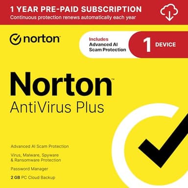 Norton AntiVirus Plus 2026 Ready, Antivirus software for 1 Device with Auto-Renewal – Includes Advanced AI Scam Protection, Password Manager and PC Cloud Backup [Download]