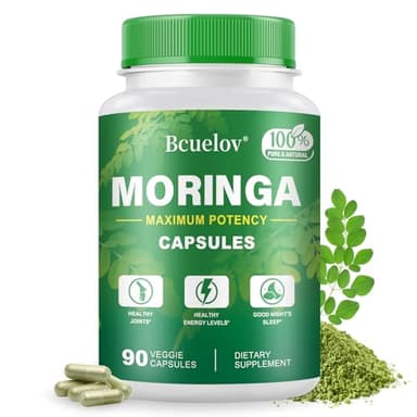 Bcuelov Moringa Capsules | 800mg Pure Moringa Powder Capsules – Supports Energy, Skin & Gut Health, Immune System – Green Superfood with Vitamins & Amino Acids (90 Caps)