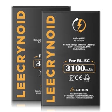 LeeCrynoid (2Pcs) BL-5C Battery,3.7V 3100mAh Ultra High Capacity Rechargeable Battery,Compatible with Nokia BL-5C Phone, Home Radio, Camera, TV Remote Control, GPS