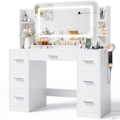 JUMMICO Makeup Vanity Desk with Large Mirror and LED Lights, Vanity with Power Strip and Hairdryer Holder, 6 Open Shelves and 7 Drawers Modern Dressing Table, for Bedroom (White)