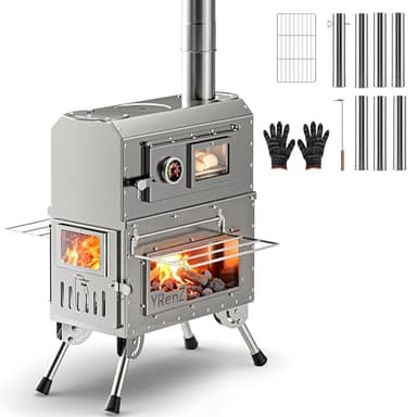 YRenZ Tent Stove Wood Stove with Oven – 2-in-1 Dual-Use Outdoor Camping Oven for Tent Cooking, Stainless Steel High Temperature Stove, Glass Door, Anti-Slip Feet, Full Accessories
