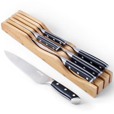 6Pcs Kitchen Knife Set with In-Drawer Bamboo Knife Organizer- 3.5-8 Inch Set Kitchen Knives German High Carbon Stainless Steel Sharp Knife, Knives Set for Kitchen with Ergonomic Handle