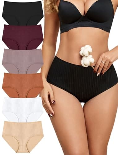 FINETOO Cotton Underwear for Women High Waisted Full Coverage Briefs Soft Breathable Moisture Wicking Ladies Panties 6 Pack