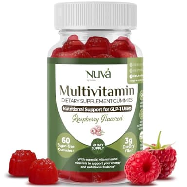 NuVa GLP-1 Support Multivitamin Gummies for Men & Women: Raspberry, Sugar-Free, 3g Fiber for Digestion & Gut Health, Vitamins & Minerals for Metabolic Balance, Gluten-Free, 60 Gummies - 30 Day Supply