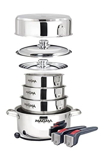 Magma 10 Piece Gourmet Nesting Stainless Steel Cookware Set, Induction Compatible, Oven Safe to 500°F - Suitable for All Stovetops, Removable Handles, Silver