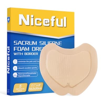 Niceful Sacral Silicone Foam Dressing, Sacrum Bed Sore Bandages for Large Wound 7.1"x 8"(5PCS)