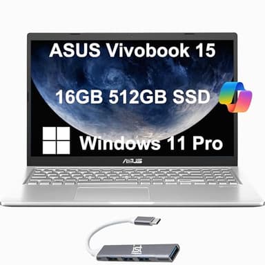 ASUS Vivobook 15 Laptop (15.6" FHD Anti-Glare, 16GB RAM, 512GB PCIe SSD, AMD Ryzen 3 3250U) for Student, Business, Education, Numeric Keypad, IST Hub, Type-C, Win 11 Pro w/AI Copilot, Silver