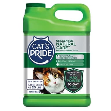Cat's Pride Max Power: Natural Care - Up to 10 Days of Powerful Odor Control - 100% Natural Odor Elimination - Hypoallergenic - 99% Dust Free - Multi-Cat Clumping Litter, Unscented, 15 Pounds