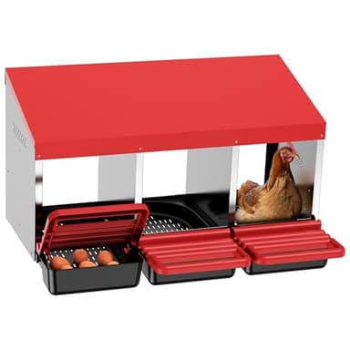 ZenxyHoC Chicken Nesting Boxes, Metal Chicken Egg Laying Box with Swing Perch and Rollout Egg Collection for Chicken Coop Red 3 Compartments