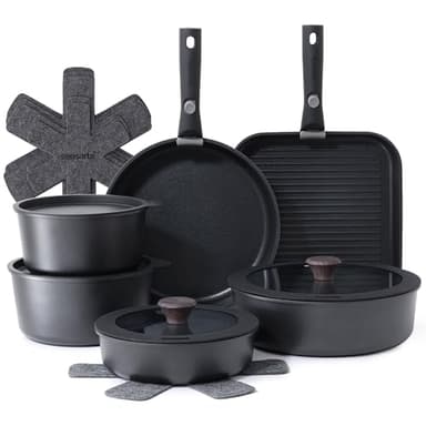 SENSARTE 17 Piece Pots and Pans Set, Nonstick Detachable Handle Cookware Set, Induction Kitchen Cookware Set with Removable Handle, Healthy Non Stick for RV, Dishwasher ＆ Oven Safe, PFOA Free (Black)