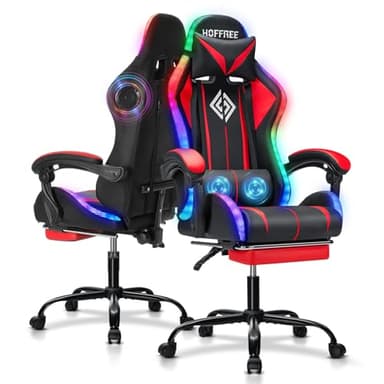RGB Gaming Chair with Bluetooth Speakers and LED Lights Ergonomic Massage Computer Game Chair with Footrest High Back Music Video Game Chair with Lumbar Support Red and Black