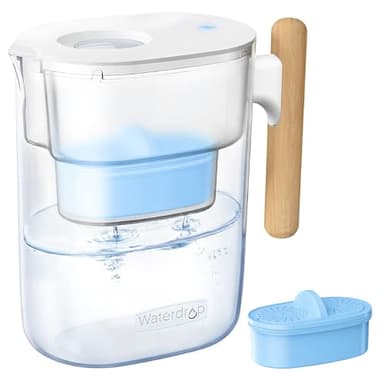 Waterdrop PT-04C-A Alkaline Water Filter Pitcher, 10-Cup Capacity, Healthy, Clean & Toxin-Free Mineralized Alkaline Water, Up to pH 9.5, BPA-Free, 100 Gallons, Sturdy Wooden Handle, Clear