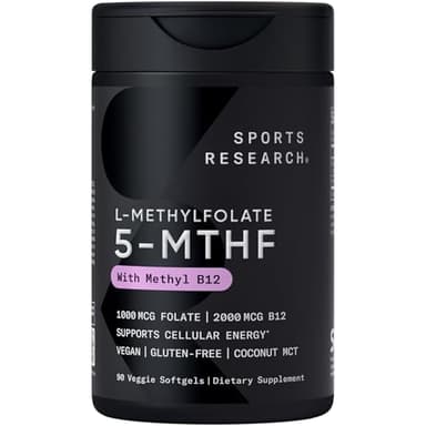 Sports Research® Methyl Folate + B12-1000 mcg L-Methylfolate & 2000 mcg Methylcobalamin for Cellular Energy Support - Vegan B12 w/Coconut MCT Oil - Non-GMO, Gluten Free - 90 Veggie Softgels
