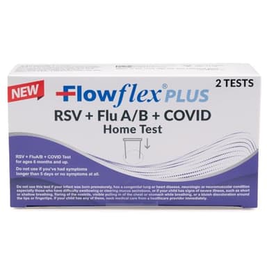 Flowflex Plus RSV + Flu A/B + COVID Home Test, 4-in-1 Home Test Kit, Rapid Results in 15 Minutes, OTC At-Home Antigen Test for Adults & Children (2 Tests)