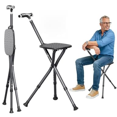 Alloy Folding Cane with Seat, Lightweight Adjustable Walking Cane with Seat, Cane Seat with LED for Seniors, Cane Chair for Woman/Man,Anti-Slip Walking Stick for Seniors