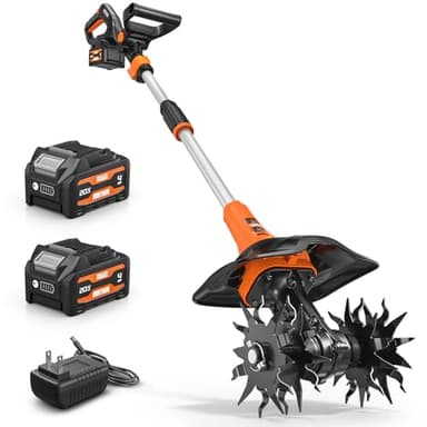 Alloyman 20V Cordless Tiller Cultivator, 330RPM Electric Tiller for Gardening with 2*4.0Ah Battery, 9" Tilling Width 6.5" Depth, Lightweight Adjustable Handle Rototiller for Gardening/Soil Cultivation