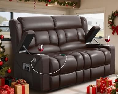 MisUMis RV Loveseat Recliner Sofa, Wall Hugger Reclining Loveseat RV Couch with USB Ports, Large Pockets, Cup Holders, 150° Adjustable RV Recliners Furniture for Travel Trailers & Home Theater Seating