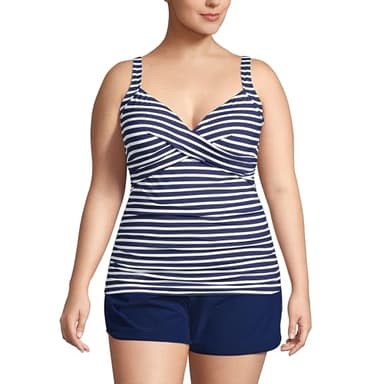 Lands' End Womens Sweetheart Wrap Underwire Tankini Top Deep Sea/White Media Stripe Regular 2