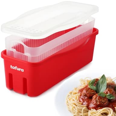 Tafura Microwave Pasta Cooker with Double Straining System, Microwavable Spaghetti Cooker with Drainer, Dorm Gift for Kitchen, Fast Pasta Boat with Strainer Tray and Lid. BPA Free