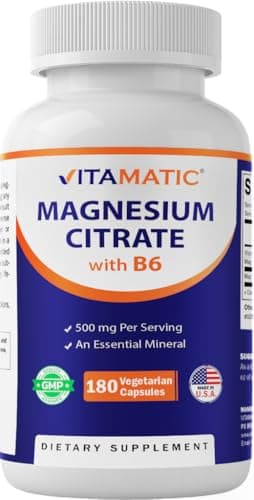 Vitamatic Magnesium Citrate 500mg per Serving - 180 Vegetarian Capsules (Provides 150 mg of Elemental Magnesium) - Added B6 for Maximum Absorption - Supports Muscle, Joint, and Heart Health*