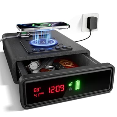 ORARAER Biometric Smart Gun Safe with Wireless Charging, 3 Quick Access Money Box with Fingerprint - Compact Bedside Drawer Safe, 24/7 Digital Clock handgun safe,Gifts for Men