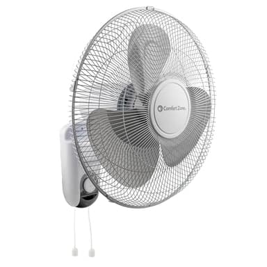 Comfort Zone 16-Inch Wall Mount Fan, Oscillating Indoor Fan with 3 Speed Settings, Adjustable 60° Tilt Head, Quiet Motor, Pull-Chain Control, Metal Grille Fan for Home, Office & Greenhouse