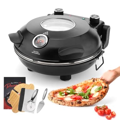 YIBAKE Electric-Pizza-Oven-Indoor, 12 Inches Countertop Cooker,800℉ Electric Pizza Maker with Timer, Ceramic Stone, Viewing Window, Complete Accessory Kit, Black