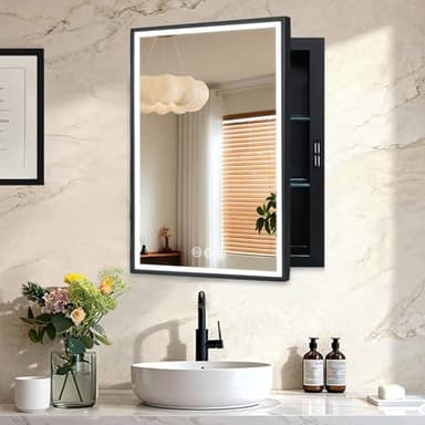 KIMREAL LED Lighted Medicine Cabinet with Mirror, Recessed or Wall Mounted Bathroom Mirror with Storage, Anti-Fog, 3-Color Dimming, Adjustable Shelves, Black Metal Frame - 14x18 inch