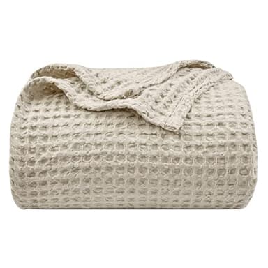 PHF Ultra Soft Waffle Weave Blanket Queen Size 90"x 90"- Washed Lightweight Breathable Cozy Woven Blanket for Bed - Aesthetic Decor for Couch Bedding Sofa Home Car - Light Khaki/Linen