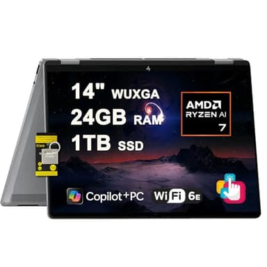 HP OmniBook X Flip 2-in-1 Laptop 14" WUXGA IPS Touch (400nits) AMD 8-core Ryzen AI 7 350 (Up to 50 Tops) 24GB RAM 1TB SSD for Designer Business Professional Work Win11 ICP Hub/Copilot+ AI PC