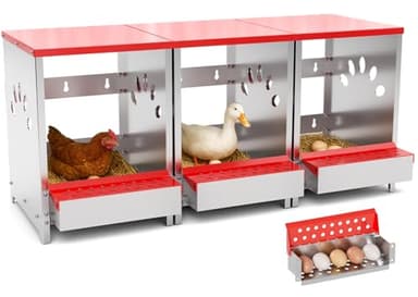 Chicken Nesting Boxes, 3 Hole Large Metal Hen Laying Box with Swing Perch and Roll Away Egg Collection, Wall Mountable with Vented Holes for Chickens Ducks Birds