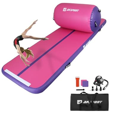 AKSPORT Inflatable Gymnastics Mat with Air Barrel Gymnastics Roller for Back Tumbling/Yoga/Cheerleading/Back Walkovers,with Air Pump