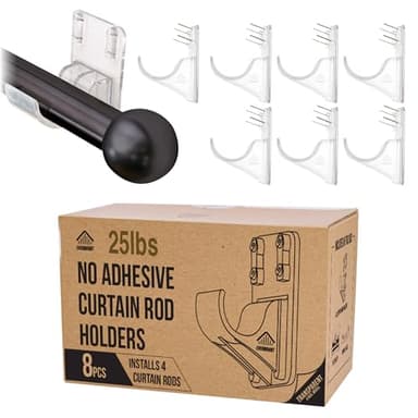 No Adhesive Heavy Duty Curtain Rod Holders with Wide Hook, 5X Stronger Than Adhesive Curtain Rod Hooks,Tension Curtain Rod Bracket for Wall with Pin Guide, Curtain Wall Mount (8 Pack, for 1.25" Rods)
