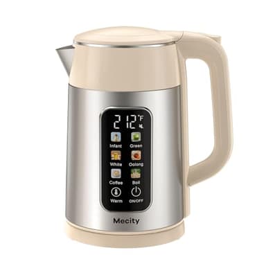 Mecity Electric Kettle 1.7L Touch Screen Temperature Control Water Boiler, No Plastic Contact with Water. 6 Presets For Tea and Coffee, 2 Hours Keep Warm, Auto Shut Off, Cream & Stainless Steel Color