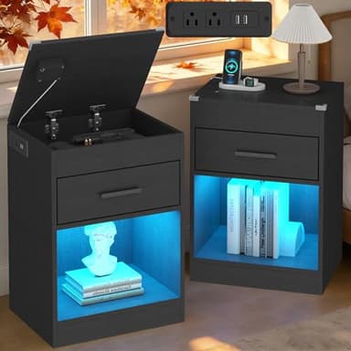 Gyfimoie Black Nightstand Set of 2 with Charging Station, LED Night Stand with Drawer Storage & RFID Lock Cabinet, Smart Nightstand for Hidden Compartment, Wooden Modern Bedside Table for Bedroom