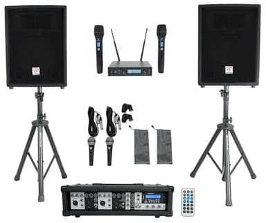 Rockville RPG2X10 Powered Bluetooth Mixer+(2) 10" Speakers+Stands+Wireless Mics