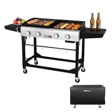Royal Gourmet GD401C 4-Burner Propane Gas Grill and Griddle Combo with Cover, Griddle Grill Combo with 48,000 BTUs Output for Outdoor Cooking While Camping or Tailgating, Black & Silver