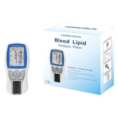HOMEDSUN HSLPM-102 Portable Cholesterol Testing Kit Home Use 4 in 1 TC HDL LDL Triglyceride Blood Lipid Analysis Meter Device Quick Results Easy to Use with 10Pcs Strips Lancets Droppers