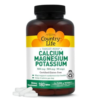 Country Life Target Mins - Calcium Magnesium Potassium Bone & Heart Health Supplement, 1000mg Calcium, 500mg Magnesium, Supports Calcium Utilization, 180 Tablets – Certified Gluten Free & Vegan