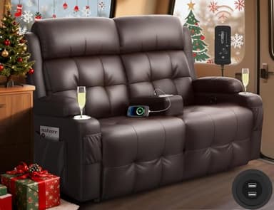 Tiooii RV Loveseat Recliner Sofa, Wall Hugger Recliners with USB, Pockets, Cup Holders, Massage Reclining Couch, 150° Adjustable Sleeper & Removable Armrests, for RV Camper & Home Theater Seating